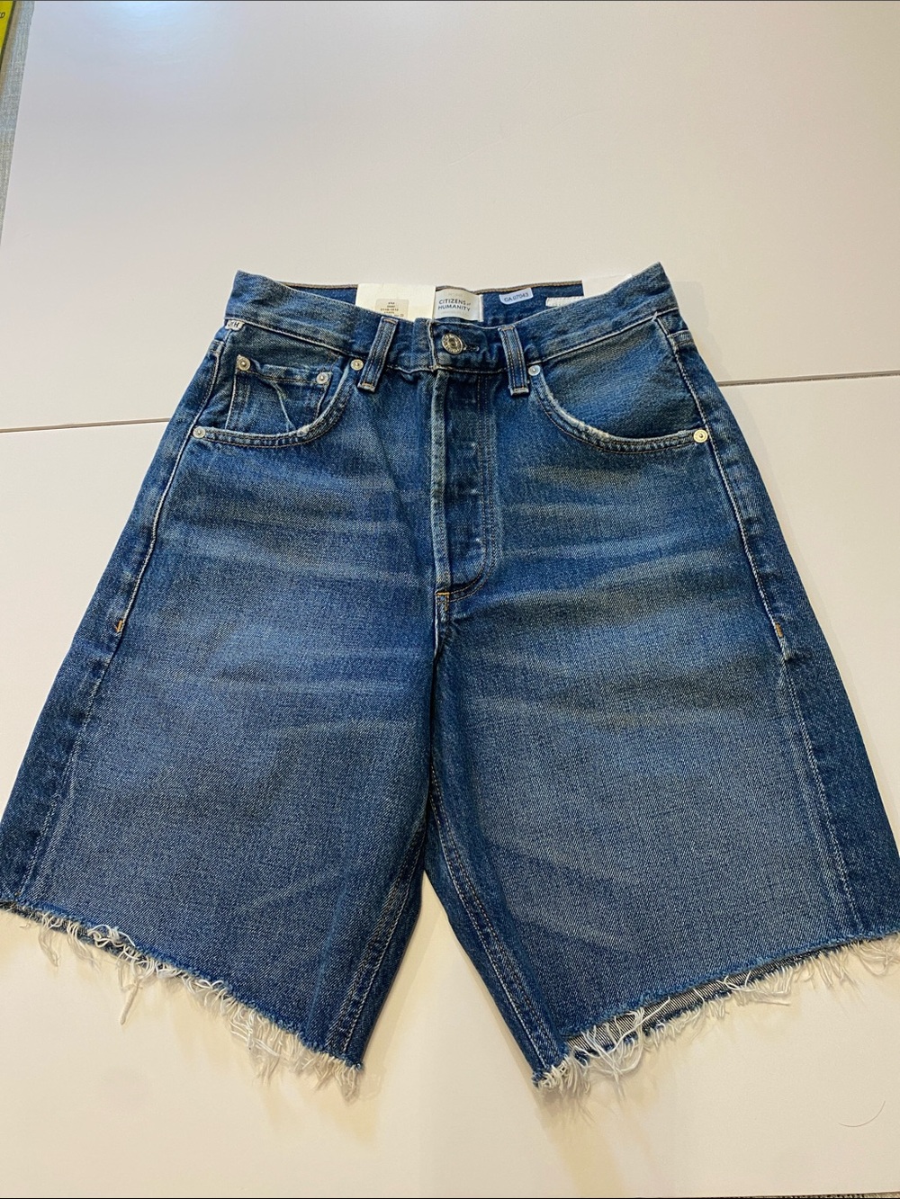 Citizens Of Humanity Mid Blue High-Rise Frayed Hem Denim Shorts
